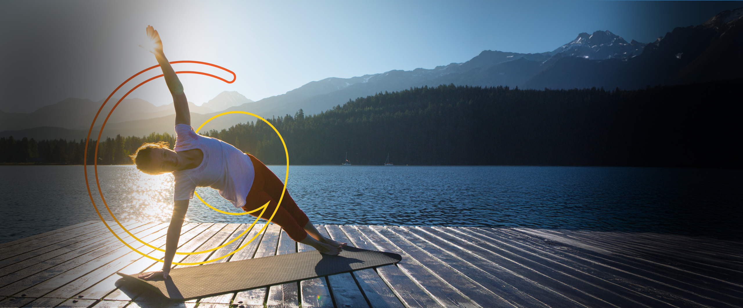 Person in side plank yoga pose on dock by a lake, with mountains and artistic lines in the background.