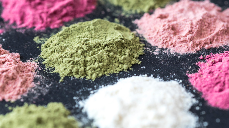 Assorted colourful powdered supplements on a dark surface