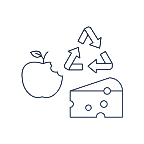 icons of a bitten apple, recycling symbol and slice of cheese