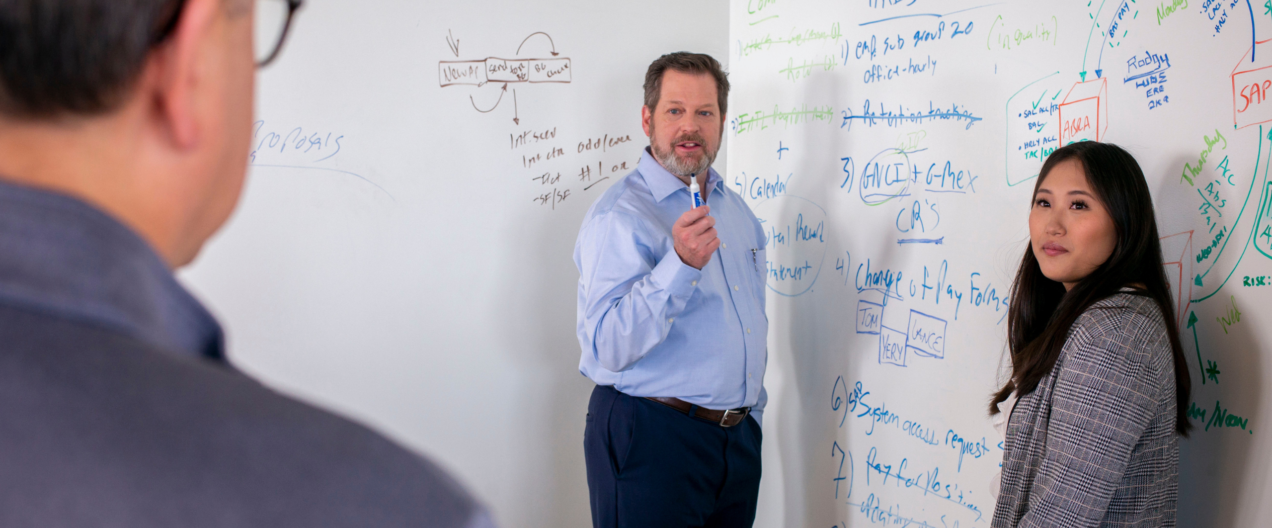two people in front of a white board