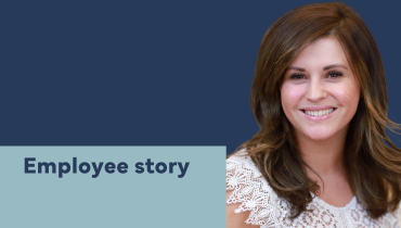 headshot of a woman with the text "Employee Story"