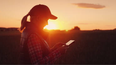 woman looking at a tablet as the sun sets