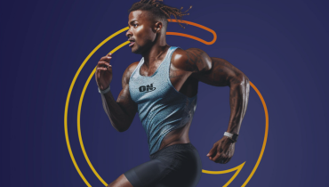 man in running pose in tank top on navy background