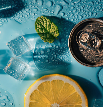 lemon, mint, carbonated drink