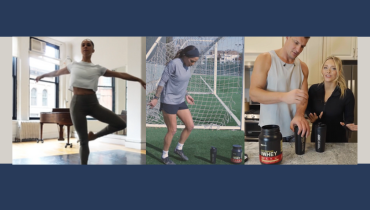 woman in pilates pose, woman on football pitch and two people mixing a protein shake