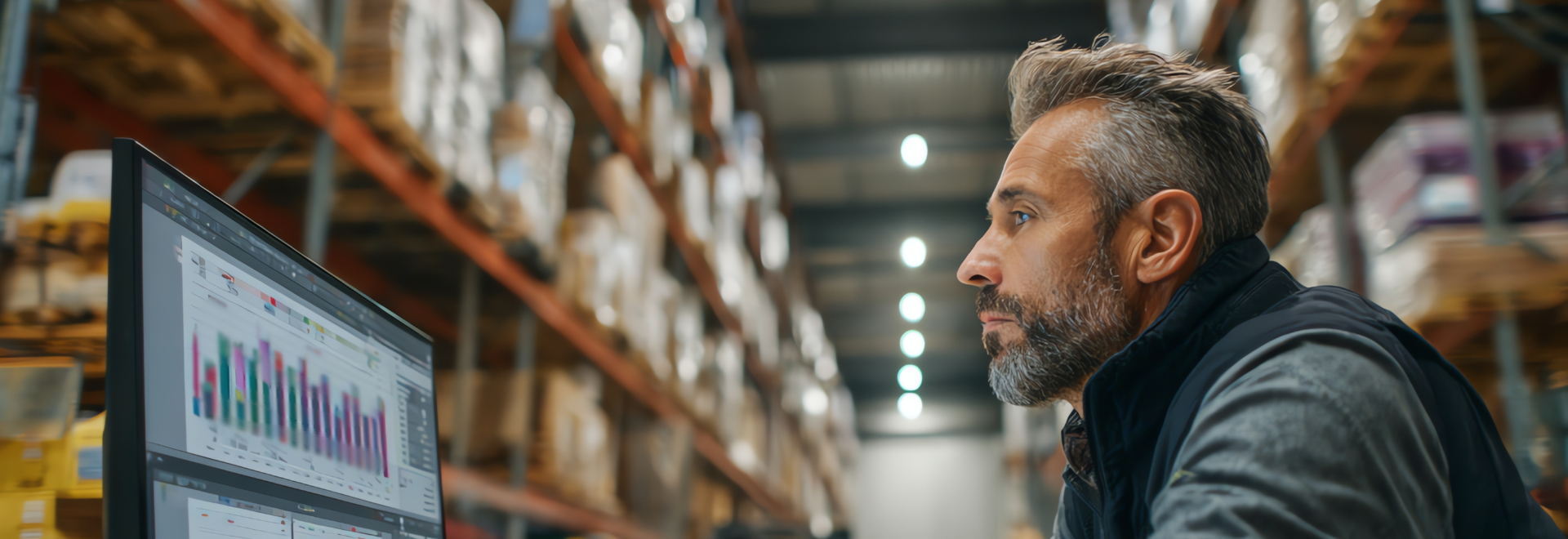 man in storage factory working on a computer