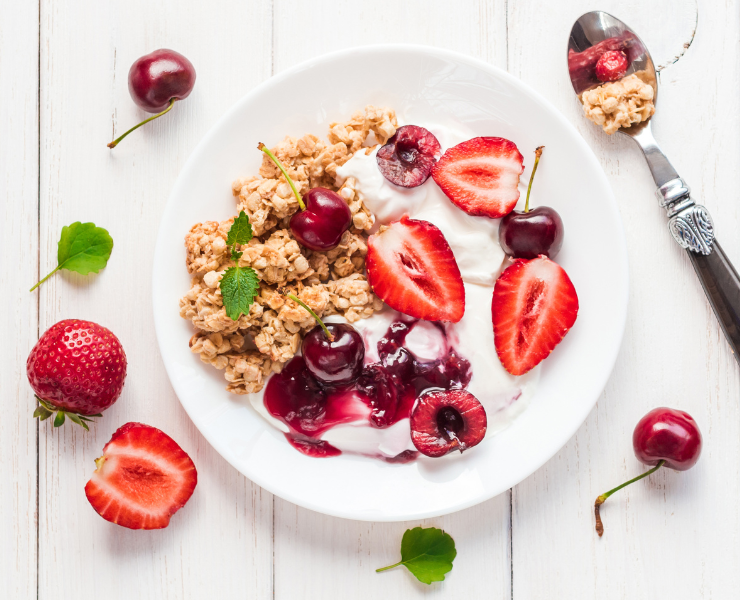 strawberry, cherry, bowl, granola, yoghurt