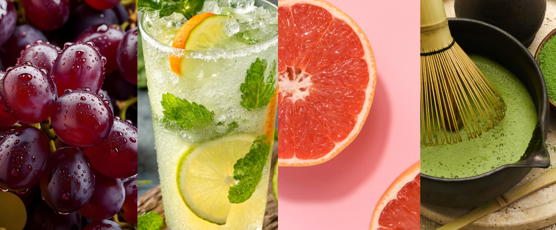 grapes, lemon drink, grapefruit, matcha