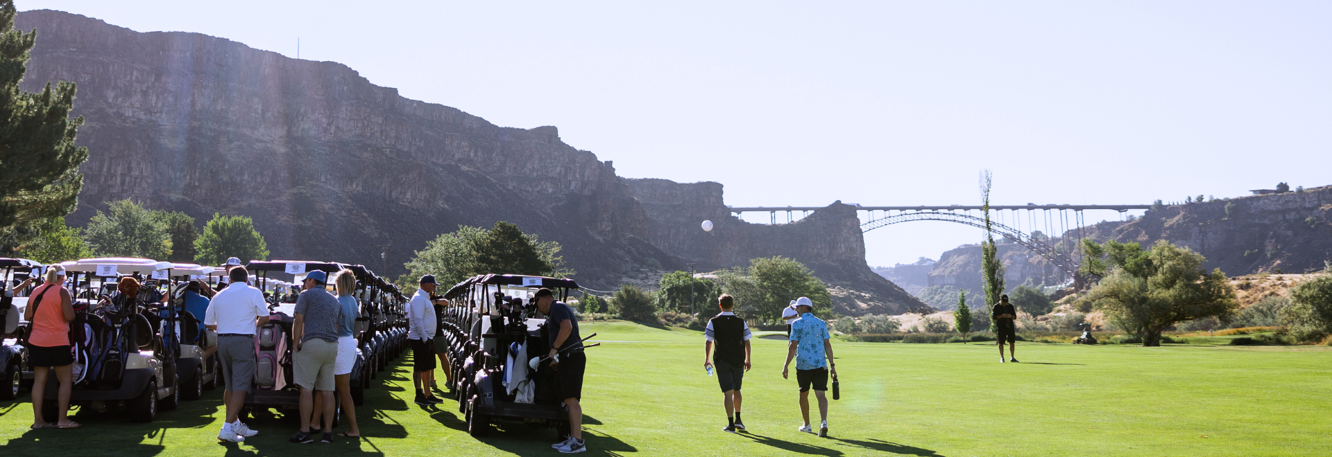 multiple golf carts and people on a scenic golf course