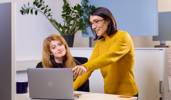 two people looking at a laptop