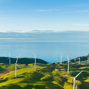 Sky, mountains, wind turbines