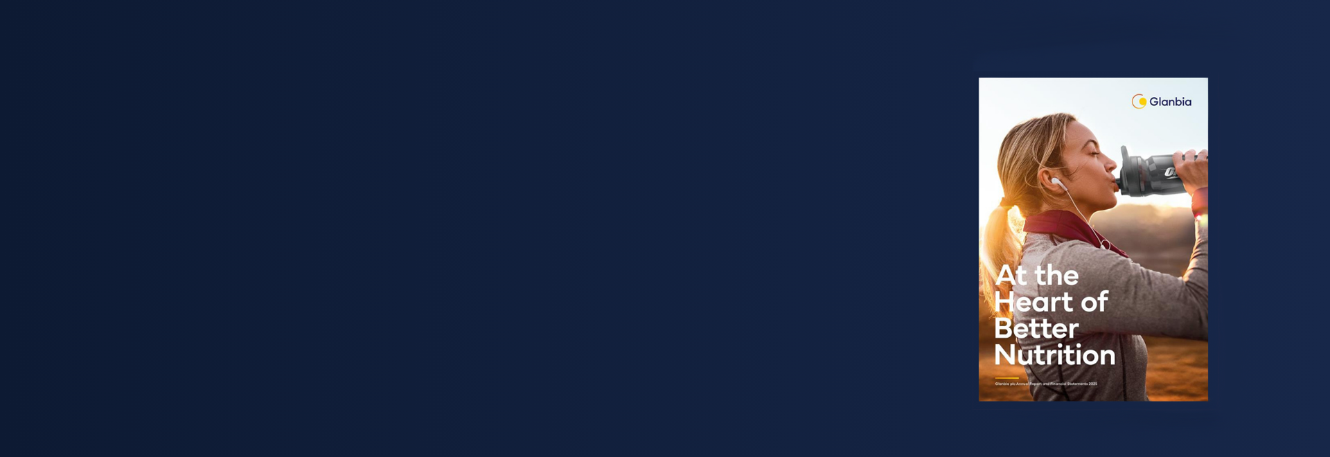 “Poster showing a person drinking from a bottle outdoors at sunrise, with the text ‘At the Heart of Better Nutrition’ and the Glanbia logo.”