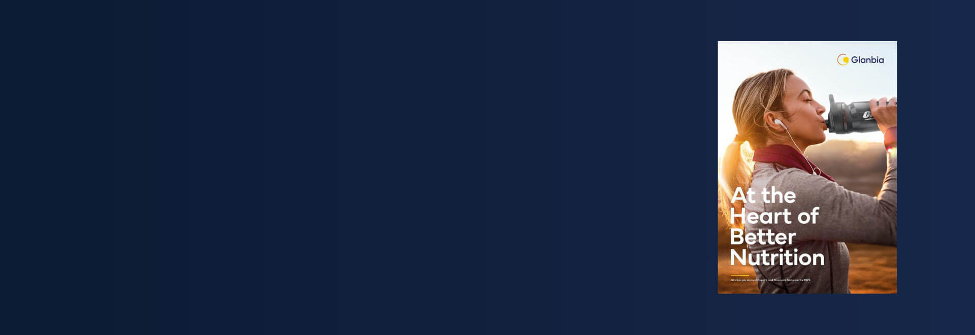 “Poster showing a person drinking from a bottle outdoors at sunrise, with the text ‘At the Heart of Better Nutrition’ and the Glanbia logo.”