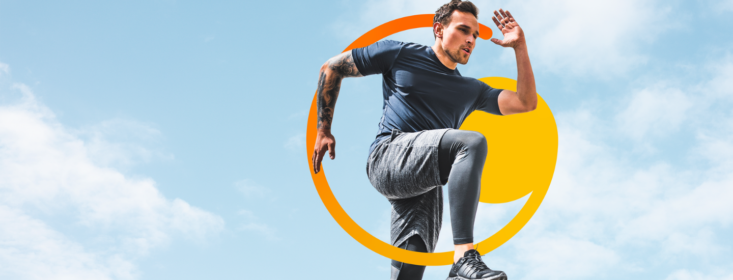 man running, bright blue sky